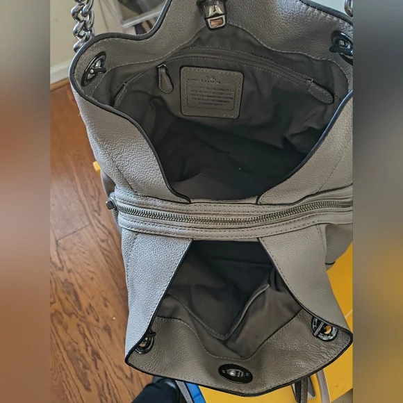 Coach Taupe Grey Madison Phoebe Pebbled Leather Chain Large Shoulder Bag - Picture 7 of 14